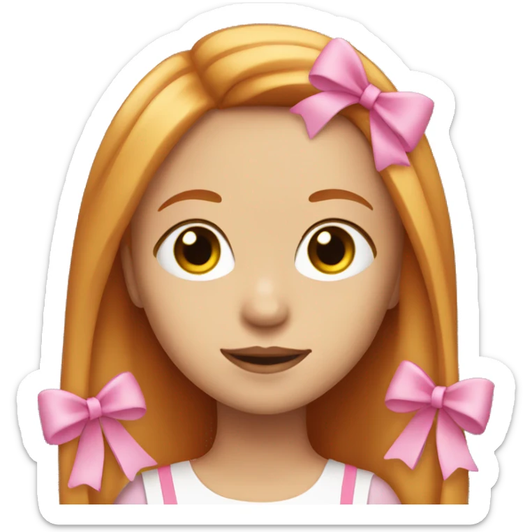 girl with long straight ginger hair with two pink bows and with make up sticker