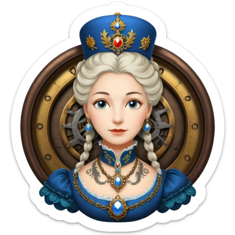 realistic cinematic Russian Empress Catherine the Great depicted with steam punk Victorian-style body tattoos sticker