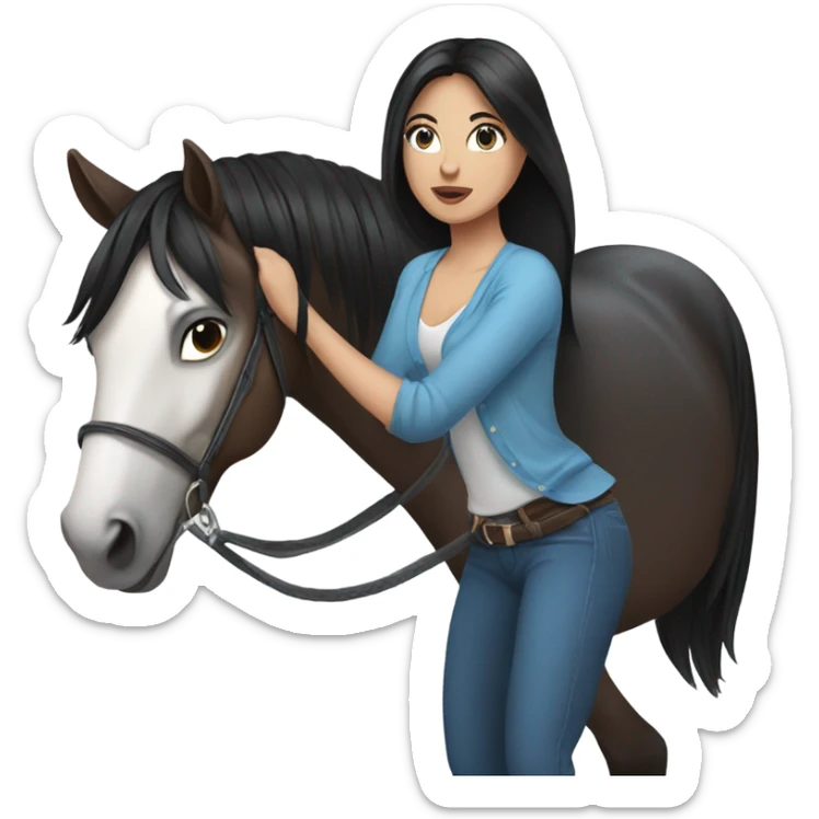 brunette with blue eyes and long black straight hair lunging horse  sticker