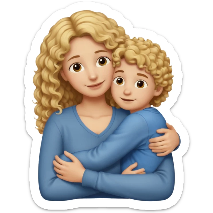 a mother with blond curly long hugging his son with brown hair and like saying its okay sticker
