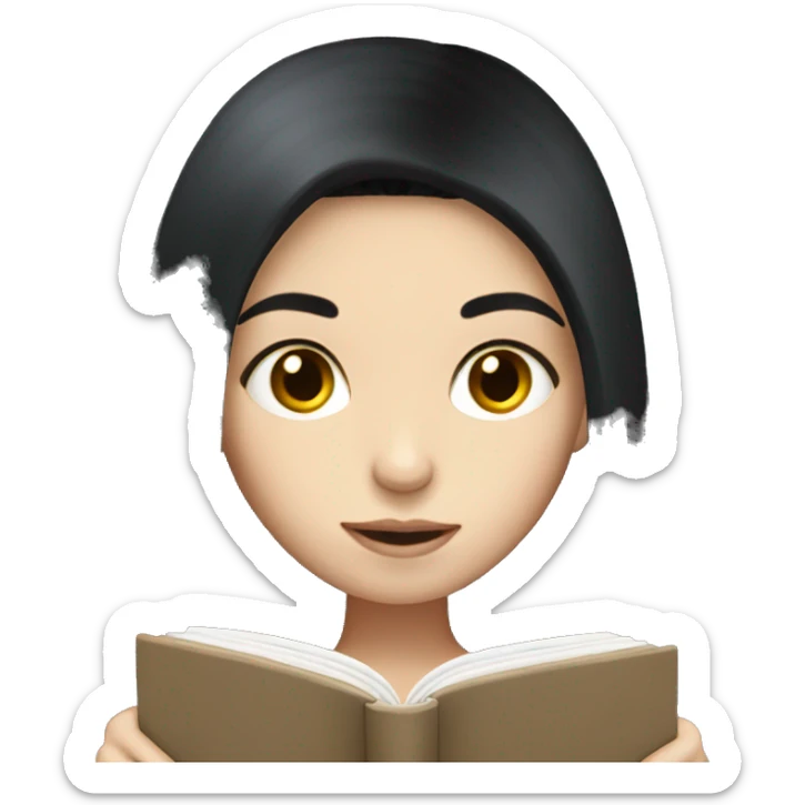 Girl with white skin and long black hair reading sticker
