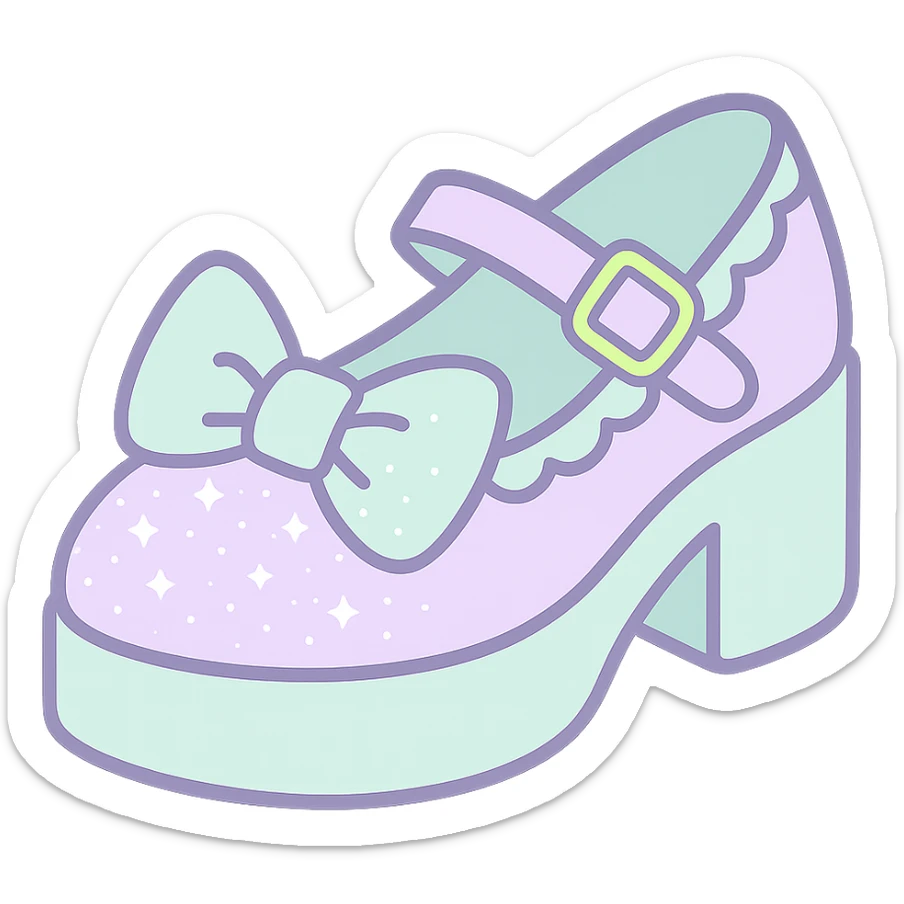 Refine the kawaii BLACKPINK-inspired gothic shoes with a large bow, scalloped edge, sparkling glitter, and neon accents. Use pastel lavender and pastel mint as the main colors. Keep the design playful and stylish with no hearts. Transparent background. sticker