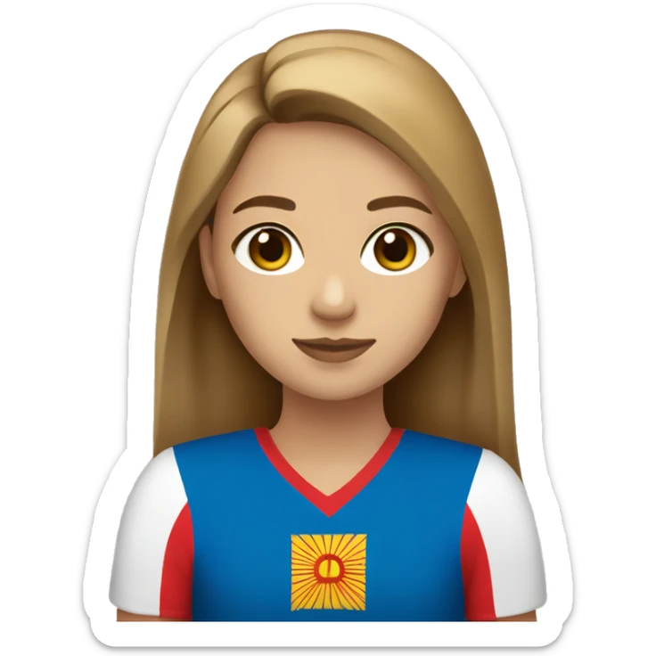 A girl with light brown hair and hazel eyes holding a Montenegro flag sticker