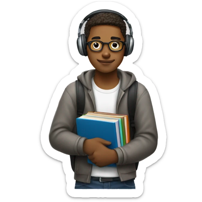 A university student holds books and textbooks in his left hand, headphones in his right hand

 sticker