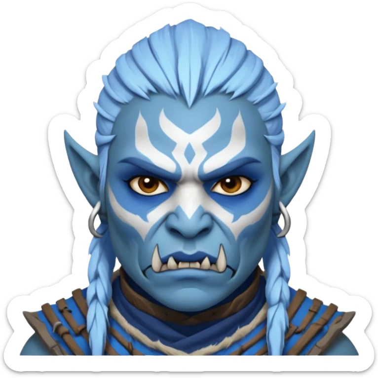 Fantasy orc portrait emoji, white and blue frost war paint on face, harsh winter warrior mood, strong expression, minimal tribal design, clean readable emoji style, male/female variant
 sticker