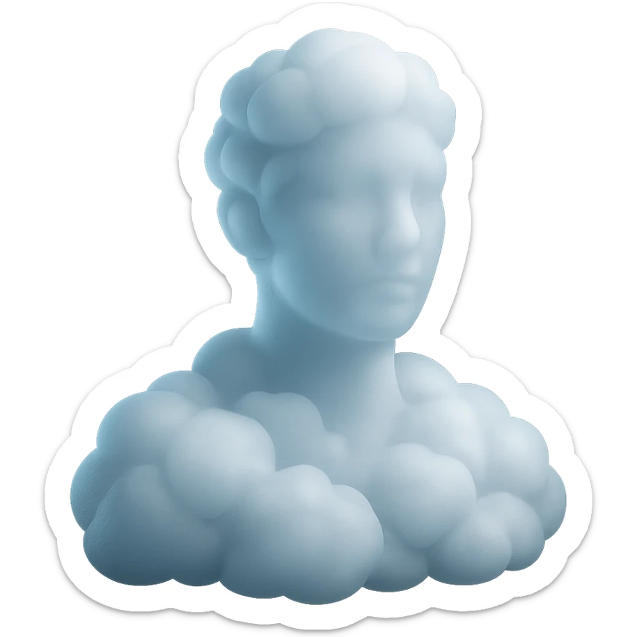 person looking straight, made entirely of white fluffy convex clouds, shoulder up, matte glass style, clouds with slight transparency, no background sticker