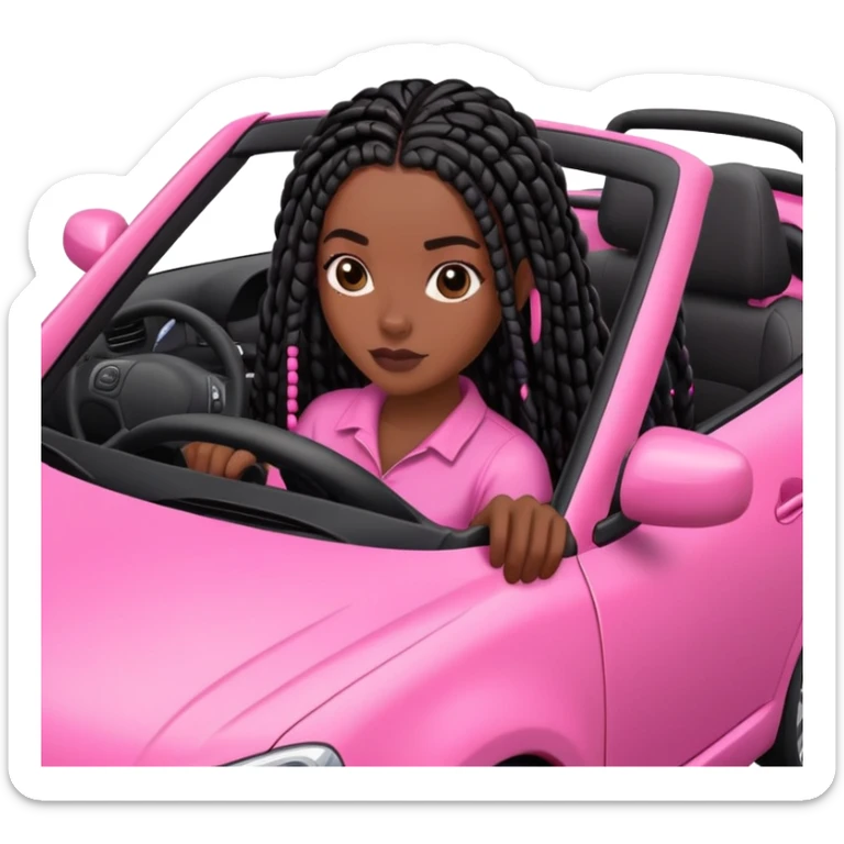 A dark-skinned Black woman with black box braids, driving a pink car sticker