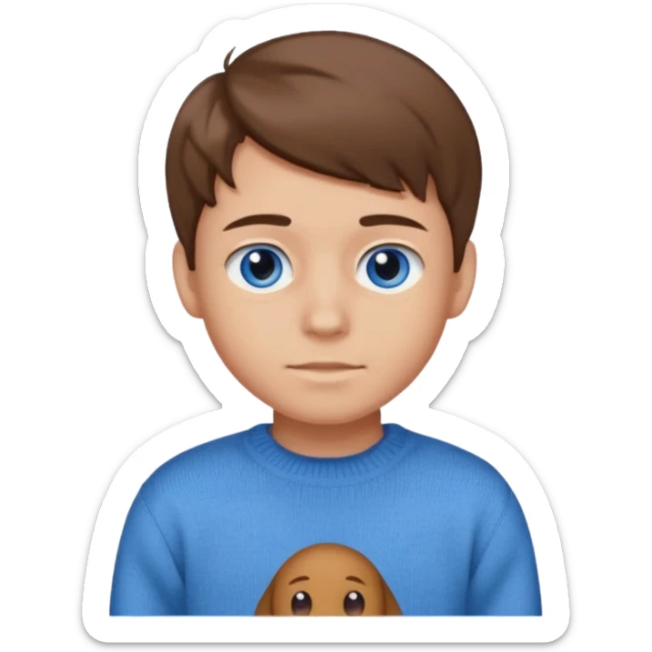 light-skinned, slightly broad teenage boy with brown hair styled slightly over face, blue eyes, wearing a sweater and jeans, emoji style, no background sticker