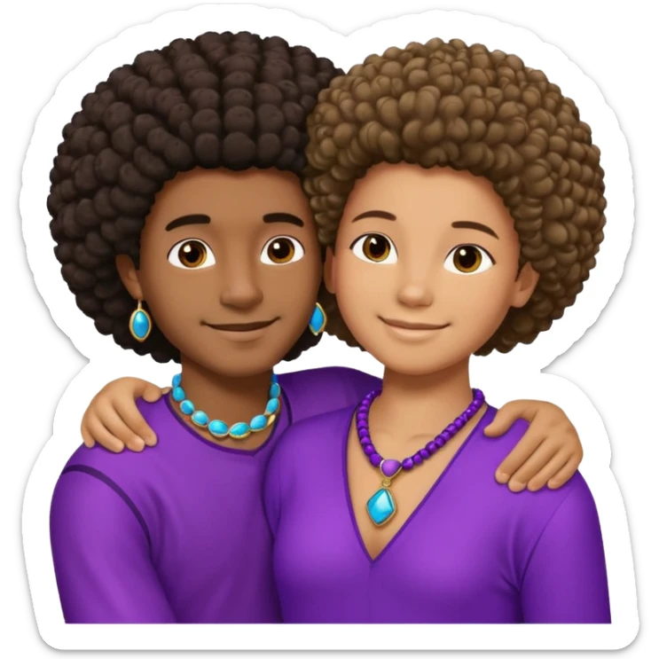 Tan male with short straight, light wavy hair, smiling and hugging a darkblack African  girl with Afro in purple clothes with blue jewelry sticker