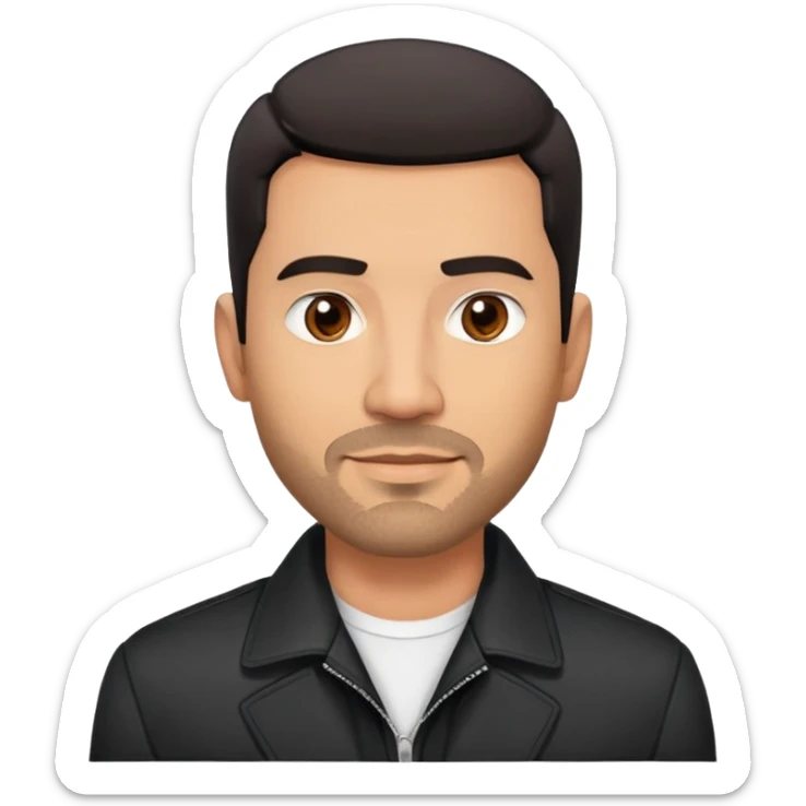 Attractive Hispanic TV host in his mid to late 40s with light brown skin, short straight black hair with pronounced fade haircut, stubble/scruff facial hair instead of full beard, square handsome face with strong jawline, friendly expression, wearing open black jacket with white buttoned shirt sticker