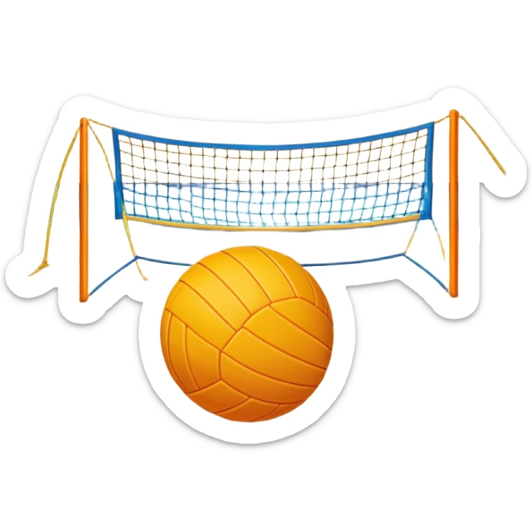 A volleyball resting on the yellow sand on a beach, with the net in the background and a scenic view of the ocean and sky. The scene captures the relaxed yet competitive vibe of beach volleyball, with warm sunlight and the natural beauty of the beach. sticker
