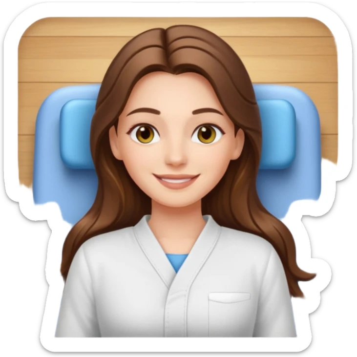smiling white long brunette hair girl with hazel eyes laying on massage table sticker