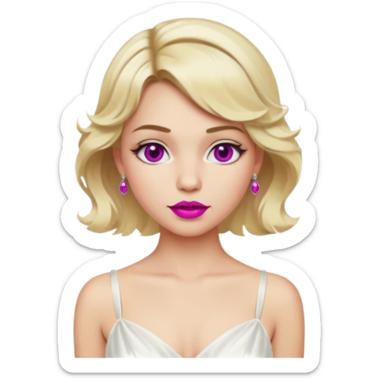 Bride with short wavy blonde hair, hot pink background and white silk chemise dress. Add fuscia background. Add fuscia lipstick sticker