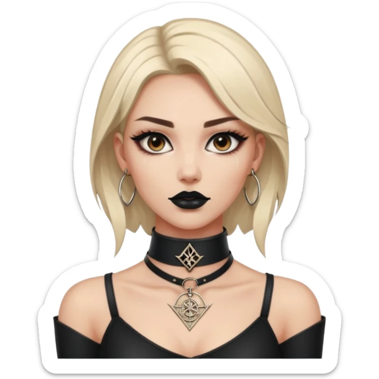 Leather choker with sigil around woman’s neck, pulse visible, dominance tone sticker