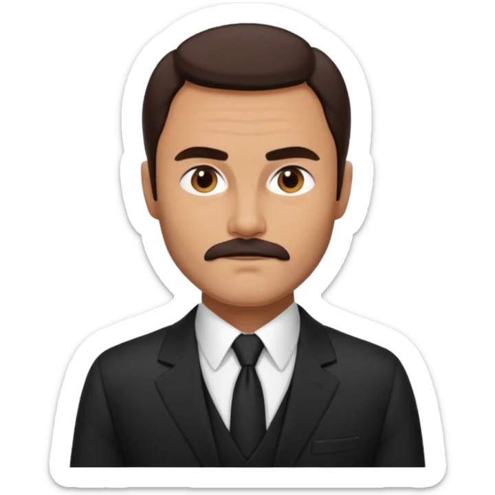 John Saxon with dark brown hair and short mustache, black suit, tan skin sticker