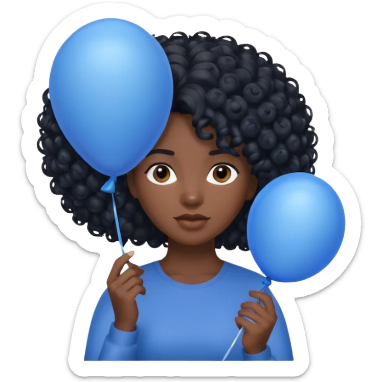 woman with curly black hair and dark face, holding blue balloon sticker