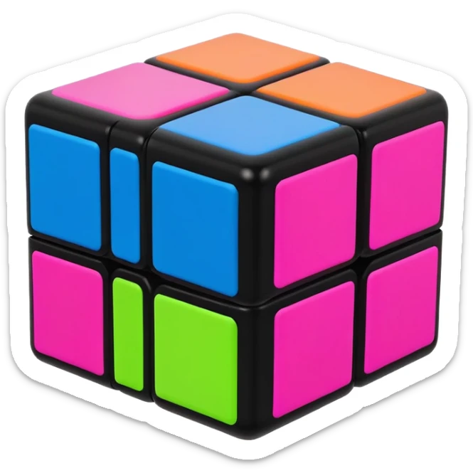 A 3x3 Rubik's Cube with neon bright colors: electric blue, hot pink, neon green, neon yellow, neon orange, bright purple, minimalist iOS emoji style sticker
