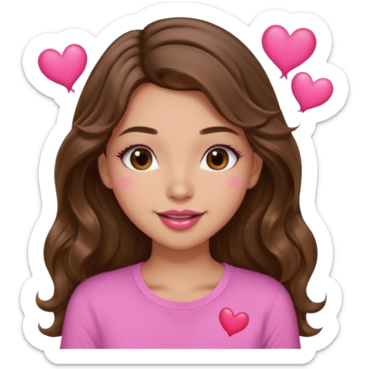 girl with long wavy brown hair, brown eyes, light to medium complexion, in a pink shirt, pink lips, long lashes, sexy , puckering lips kissing, blushing with hearts sticker