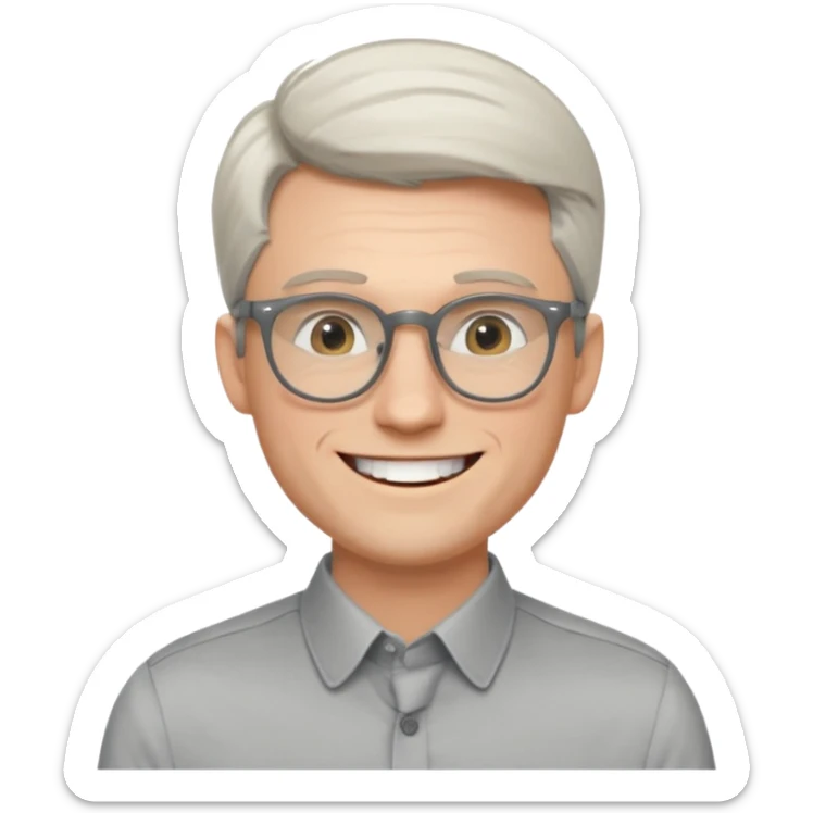 30 yr old pale white man, white/grey side swept stylish hair, round glasses, big smile, white teeth, handsome, longer hair, thin glasses, dress shirt sticker