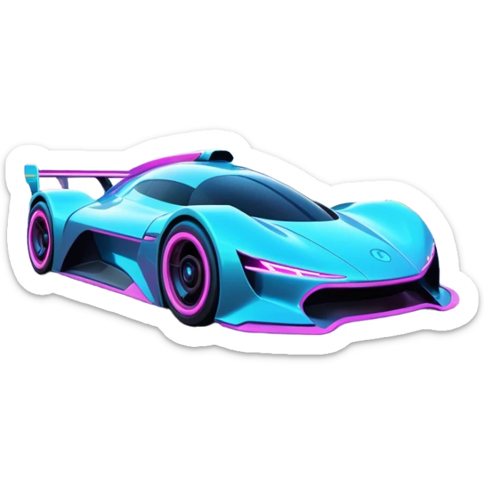 A futuristic racing car with glowing neon lights, sleek aerodynamic design, and a cyberpunk cityscape in the background. The car is speeding through a neon-lit street with high-tech buildings and holograms." sticker