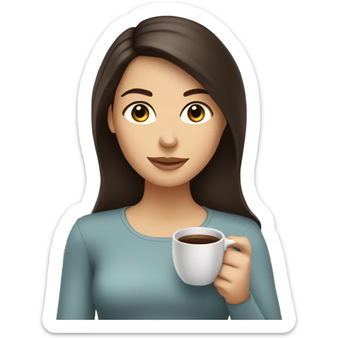 Caucasian woman, medium straight dark brown hair and dark brown eyes. Drinking coffee. sticker