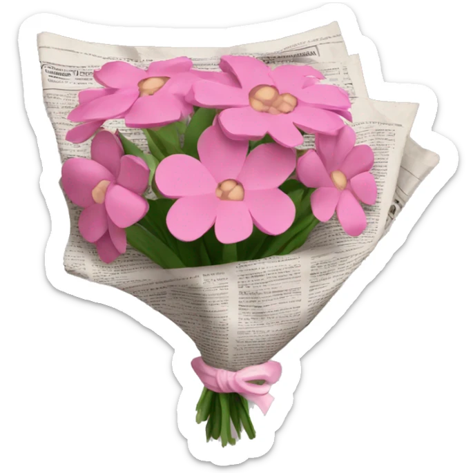 A bouquet of pink flowers wrapped in newspaper sticker