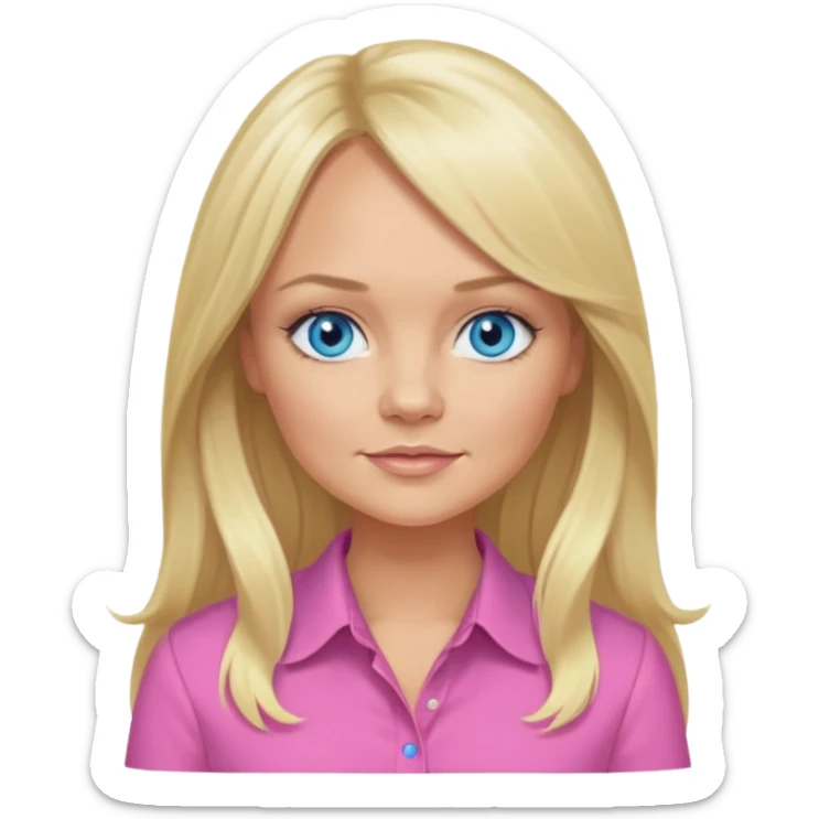 Emma Bunton with long blonde hair, blue eyes, pink shirt sticker