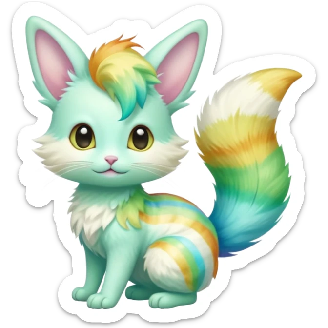  cute adorable yellow-green-turquoise-gradients albino fur with random colorful iridescent rainbow markings beautiful elegant pretty precious cute  Fakémon-Pokémon-opossum-feline-serval-caracal-chinchilla-Minccino-hybrid-creature with a big fluffy bushy striped tail (full body) sticker