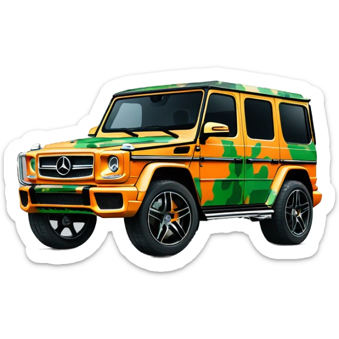 Young Dolph luxury clothes,blue diamond chain on,near his car, just opened drivers side car door to his all orange and green colored,whole car painted army camouflage, Mercedes G Wagon sticker