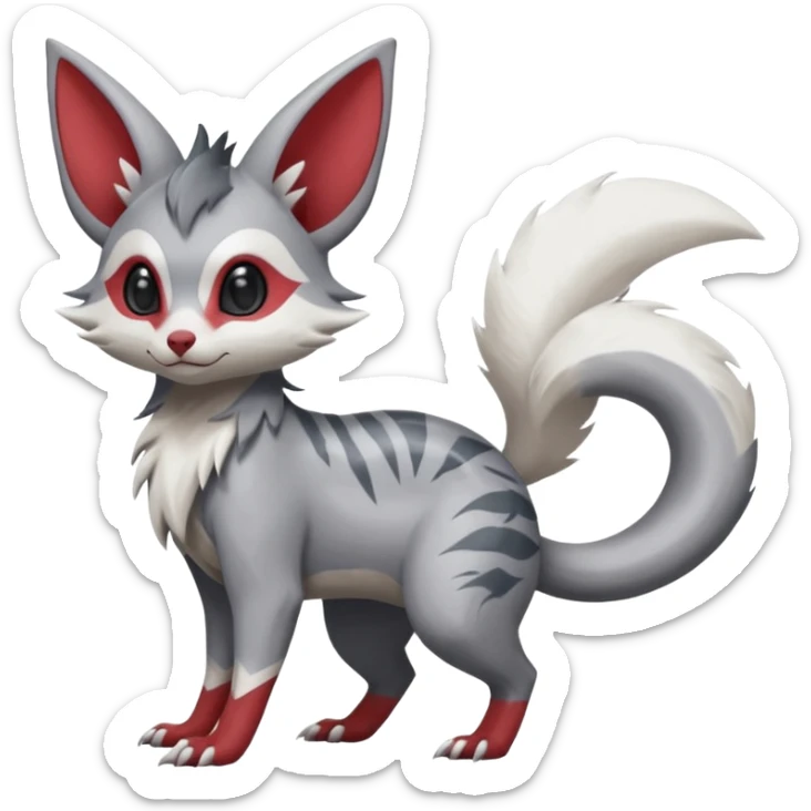 Minccino-Lykoi-Zangoose-fusion-hybrid-animal-Fakémon-creature, full body, thin long sleek scaly tail, intricate markings sticker