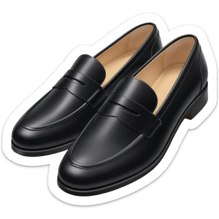 Aesthetic black loafers emoji, soft pastel minimal illustration, smooth shiny leather, delicate highlights, simple cute proportions, fashion sticker style, clean white background, soft shadow, minimal luxury vibe, high resolution, centered, sticker