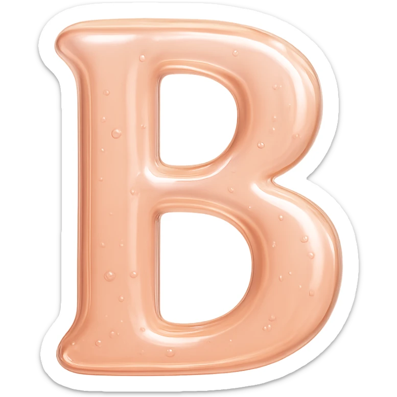 3D letter B, glossy skincare serum texture in pink and beige tones, soft glow, elegant and feminine style, high-end cosmetics branding sticker