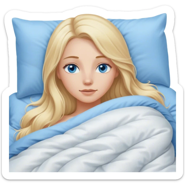 Cinematic realistic blonde with long hair, blue eyes and delicate features, lying in a cozy, soft bed, covered with a duvet sticker