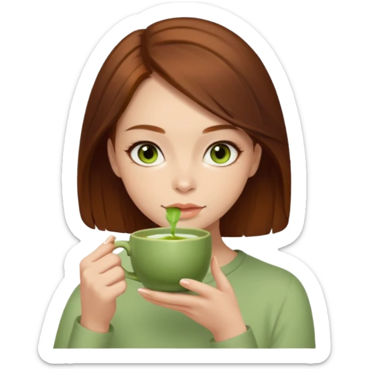 beautiful brunette with a slightly auburn hair color, with dark hazel eyes (let's call her kami), sipping matcha sticker