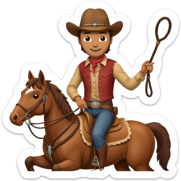 Cowboy riding a horse with whip. With yellow skin and smilling  sticker