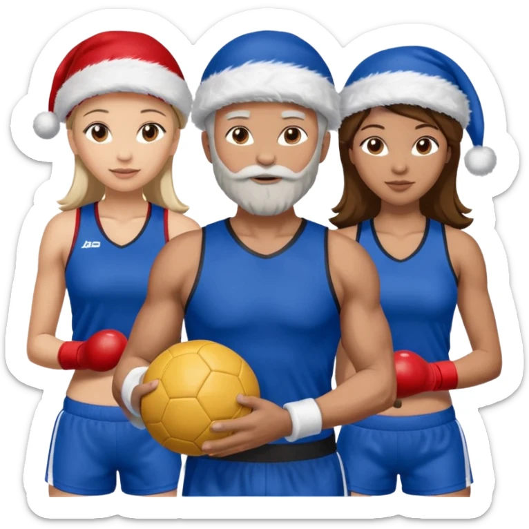 crie a imagem de 3 atletas, um homem no meio e duas mulheres, de modalidades esportivas diferentes, usando elementos esportivos, como por exemplo bola de futebol, luvas de luta e bola de vôlei... e usando um chápeu de papai noel das cores verde e azul e roupas azul sticker