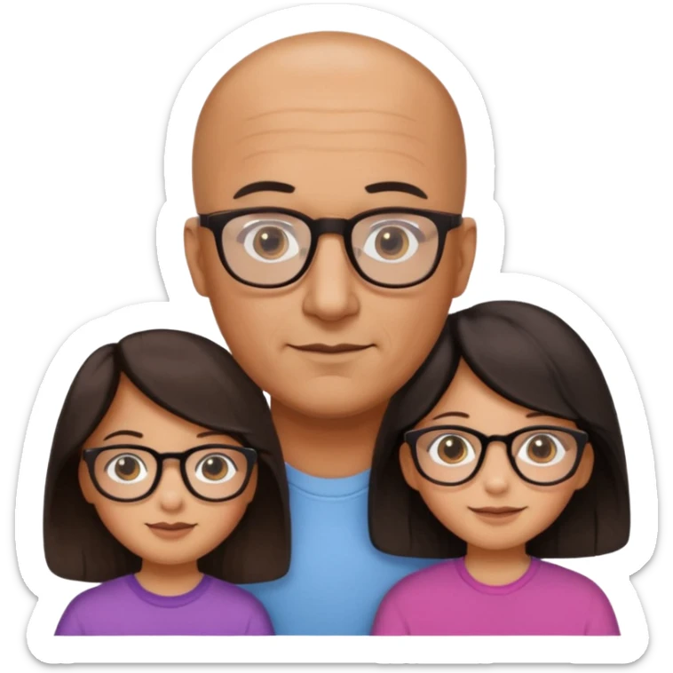 Papà calvo con occhiali, mamma capelli neri occhi marroni no occhiali, figlia capelli marroni mossi e occhiali tartarugati con montatura spessa occhi marroni, figlia capelli lisci marroni occhiali neri con montatura grande e fina occhi marroni  sticker