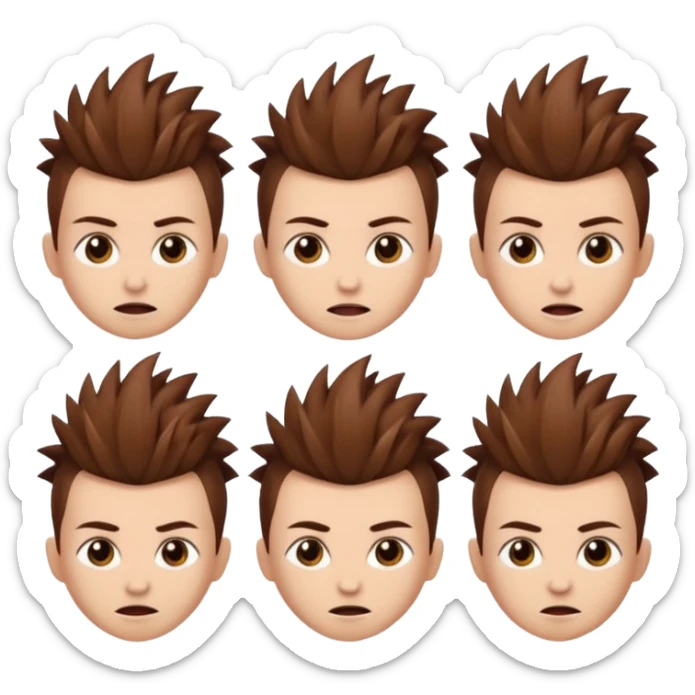 Haz un personaje que tenga cabello marrón con un corte mohicano y que tenga diferentes expresiones  sticker