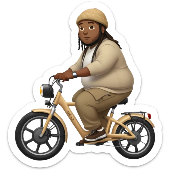 fat black man with short dreads and a beanie on a electric bike sticker