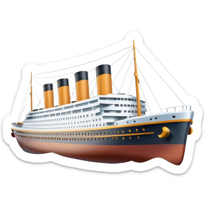 A 3D emoji of a Titanic ship in Apple style, glossy and smooth surface, bright clean colors with subtle shading, simple and minimal details, no face or expressions, floating on calm ocean, soft shadows, high-quality render, isolated on white background.


 sticker