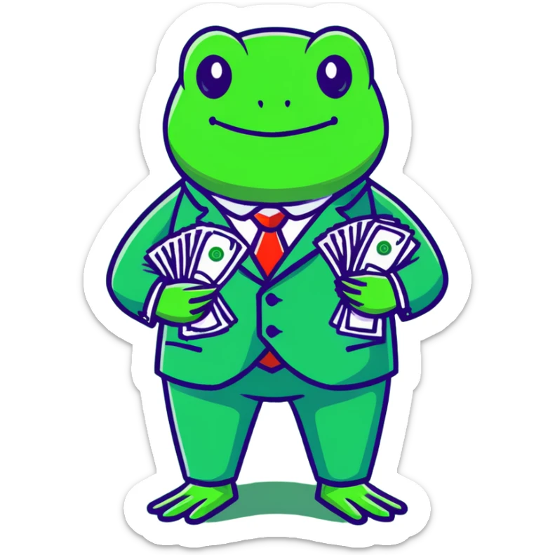 frog character in a fancy green suit holding money sticker