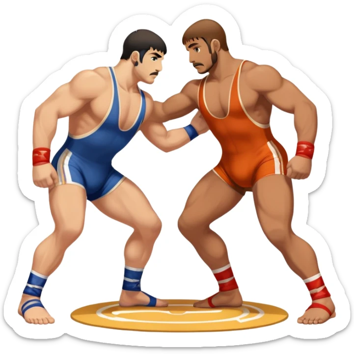 An icon symbolizing Greco-Roman wrestling, showing two wrestlers locked in a powerful grip, focusing on upper-body techniques. The background features a wrestling mat, with the athletes wearing traditional singlets. Transparent background highlights the strength and skill of the sport. sticker