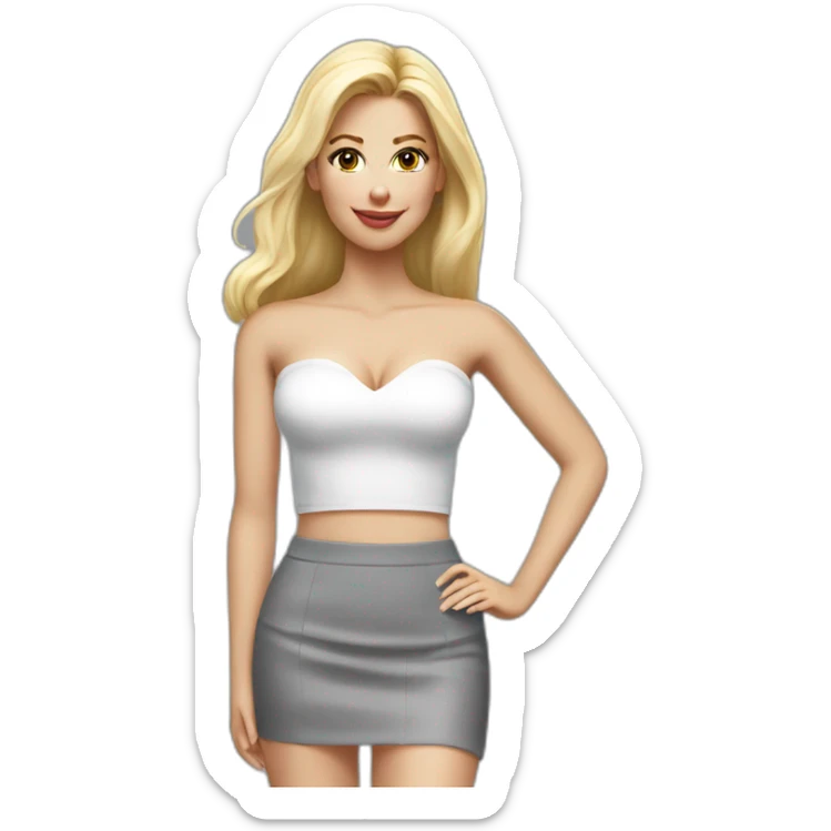 hyperrealistic caucasian long blonde woman white v-neck strapless gray tight mini skirt sticker