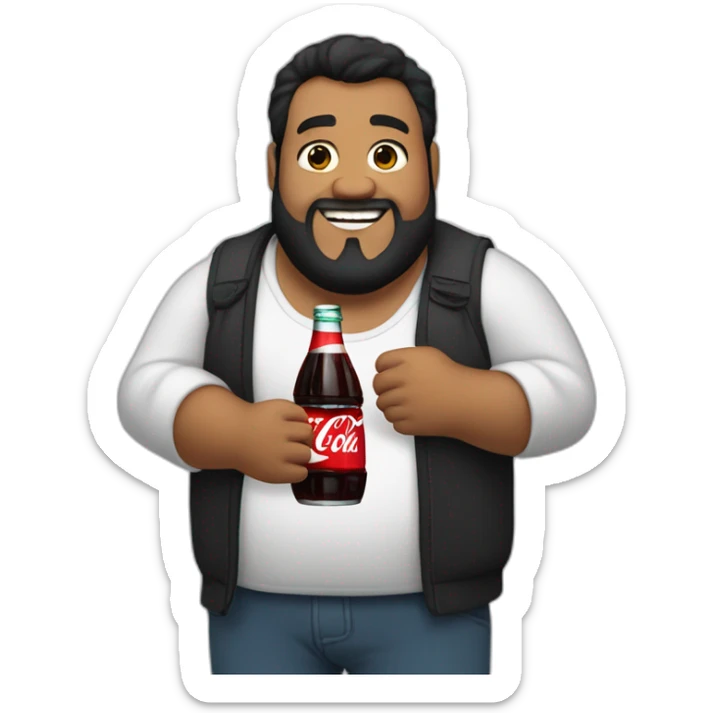 fat man, black hair and beard holding a bottle of Coca-Cola sticker