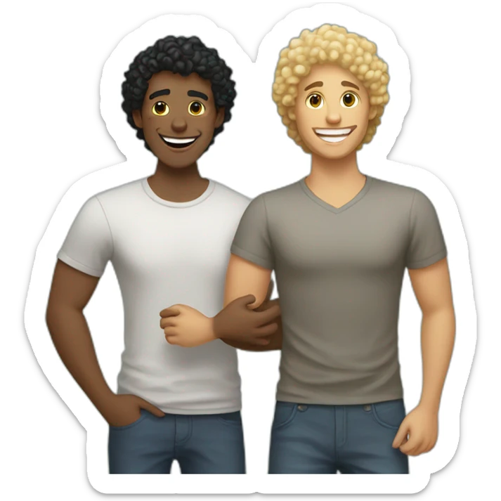 Gay couple, 1 guy Latino black straight hair and 1 Australian guy with blonde curly hair with a cat laughing full body sticker