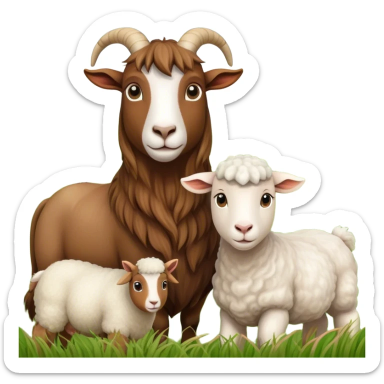 Icon for Domestic Hooved Animals: A gentle collage featuring a brown goat with large, curious eyes, a calm sheep with soft wool, and a majestic horse with a flowing mane. Background with a green pasture and a few hay bales. Transparent background. sticker