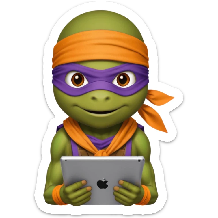 Donatello from Teenage Mutant Ninja Turtles, emoji style, using a tablet with a hacking screen and a bandana, with an orange hacking interface on the screen sticker