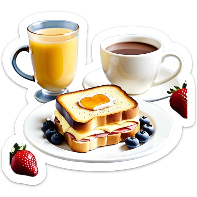 Un joli plateau sur lequel repose un délicieux petit déjeuner composé d’un croque-monsieur croustillant, d’un bol de yaourt aux fruits, d’une tasse de chocolat chaud garnie de guimauves et d’un joli vase contenant deux fleurs d’hibiscus sticker