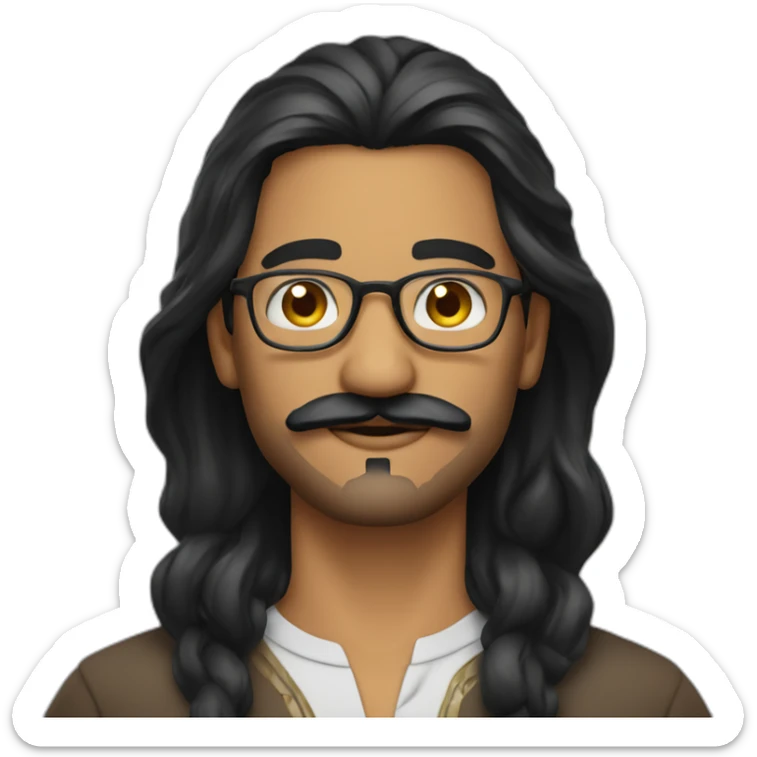 Indian man, with moustache and a goatee, with long wavy black hair, wearing glasses sticker