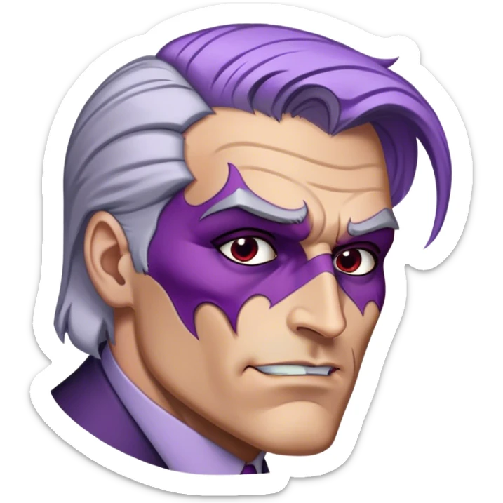 two-face, harvey dent, batman villian, right side of face purple, grey hair sticker